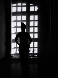 Rear view of silhouette woman standing against window