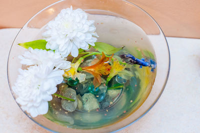 High angle view of flowers in bowl