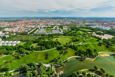 High angle view of townscape against sky