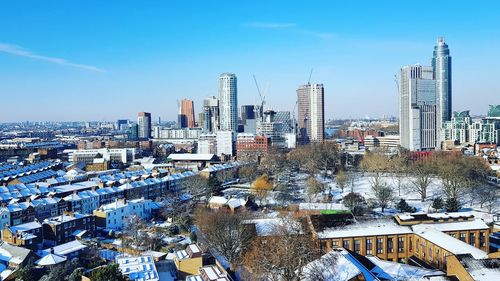 High angle view of cityscape during winter