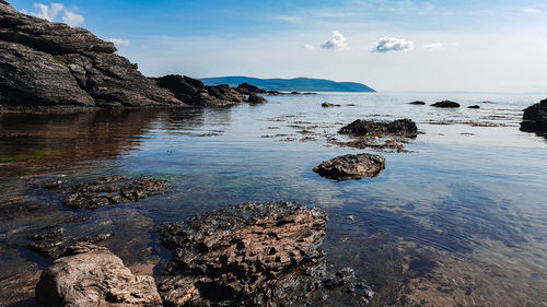 Scenic view of rock formation in sea against sky