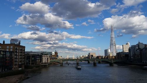 View of bridge over river against cloudy sky