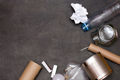 High angle view of bottles on table