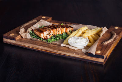 High angle view of food in plate on table