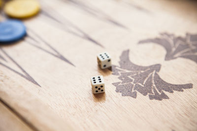 High angle view of dice on table