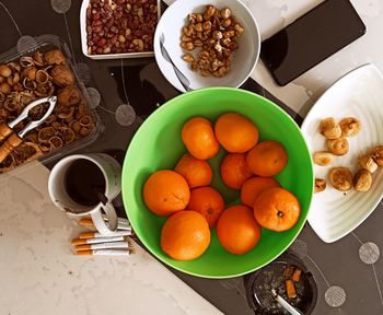 High angle view of breakfast on table