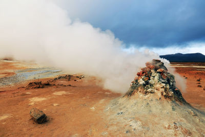 Panoramic view of volcanic landscape against sky