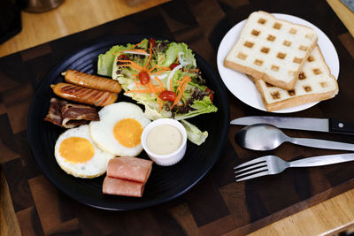 High angle view of food in plate on table