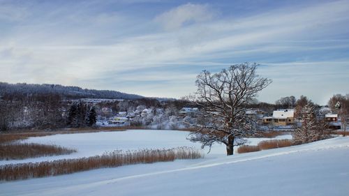 Snow covered landscape against sky