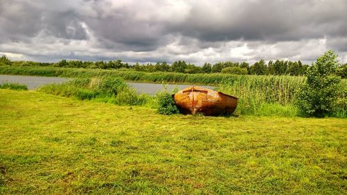 Abandoned boat on field against sky