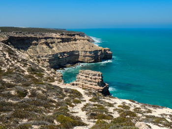 Scenic view of sea and rocks against sky