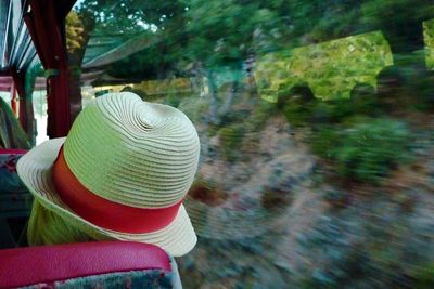 Close-up rear view of person wearing hat while sitting in bus