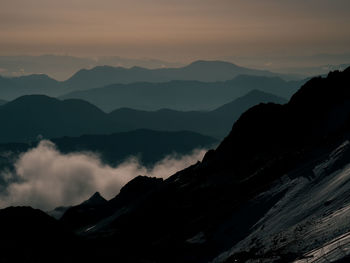 Scenic view of mountains against sky during sunset