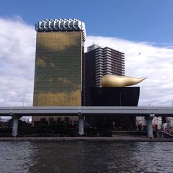 Modern buildings against cloudy sky