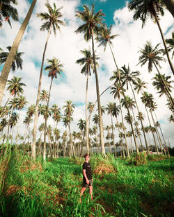 Woman standing by palm trees on field against sky