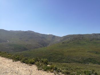 Scenic view of mountains against clear blue sky