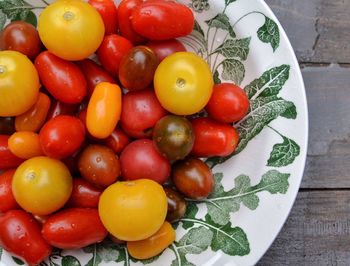 High angle view of tomatoes in plate on table