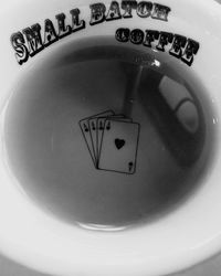 High angle view of coffee cup with text