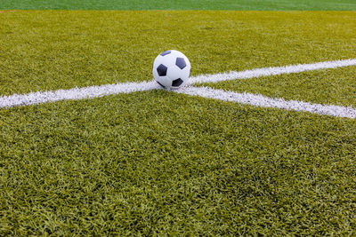 High angle view of soccer ball on field