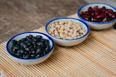 High angle view of fruits in bowl on table