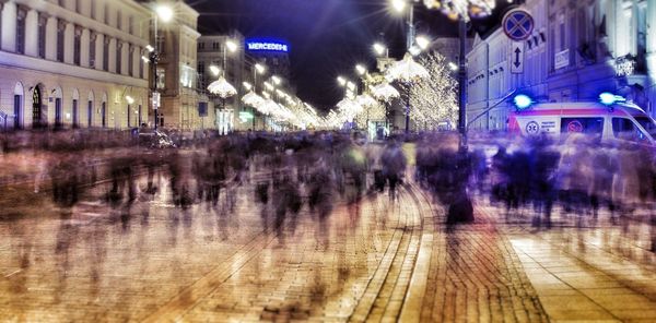 Blurred motion of illuminated buildings at night