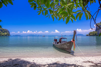 Boats moored on sea against sky