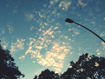 Low angle view of trees against cloudy sky