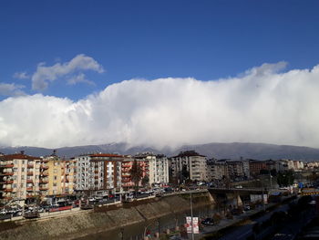 High angle view of buildings against sky