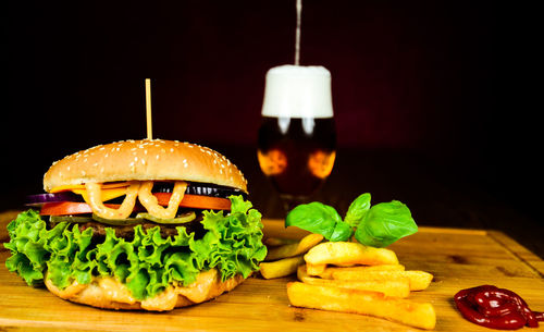 Close-up of burger on table