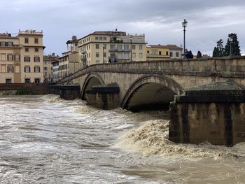 Arch bridge over river against buildings in city