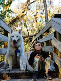 Portrait of smiling boy with dog sitting on tree