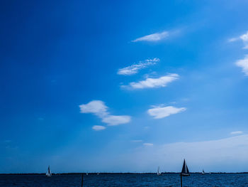 Sailboat sailing in sea against blue sky