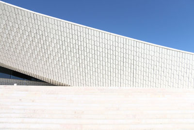 Low angle view of building against clear blue sky