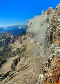 Aerial view of snowcapped mountains against blue sky