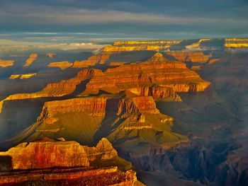 Aerial view of rock formations against cloudy sky