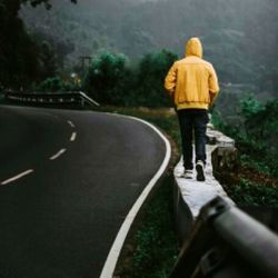 Rear view of person walking on road