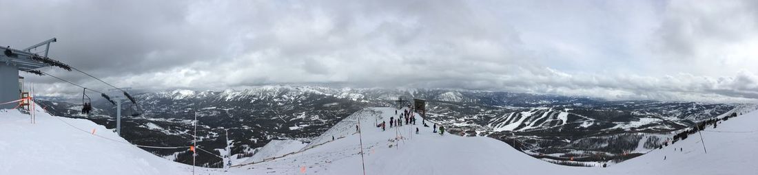 Panoramic view of snow covered mountain against sky