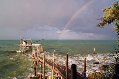 Scenic view of rainbow over sea against sky