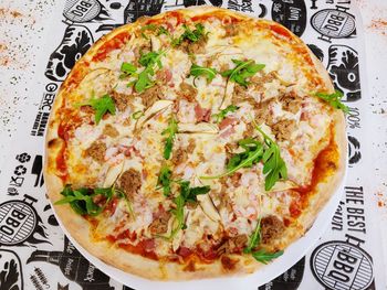High angle view of pizza on table