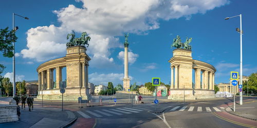 Monument to the millennium of hungary on the heroes square in budapest on a sunny summer morning