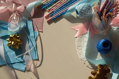 High angle view of multi colored umbrellas on table