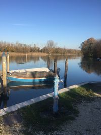 Scenic view of lake against clear blue sky