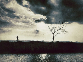 Silhouette of bare trees by lake against cloudy sky