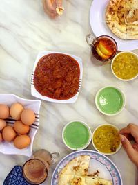 High angle view of breakfast on table