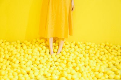 Midsection of woman standing on lemons against wall