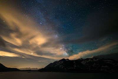 Scenic view of mountains against sky at night