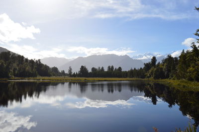 Scenic view of lake by trees against sky