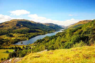 Scenic view of mountains and lake against sky