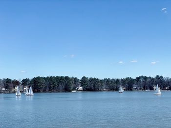 Scenic view of lake against clear blue sky