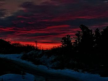 Silhouette trees against dramatic sky during sunset